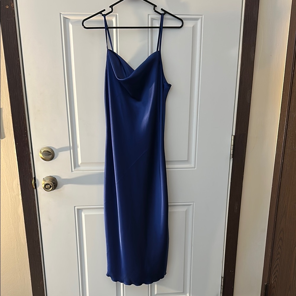Women’s bebe midi dress. Satin blue/indigo color. Size small Pink
